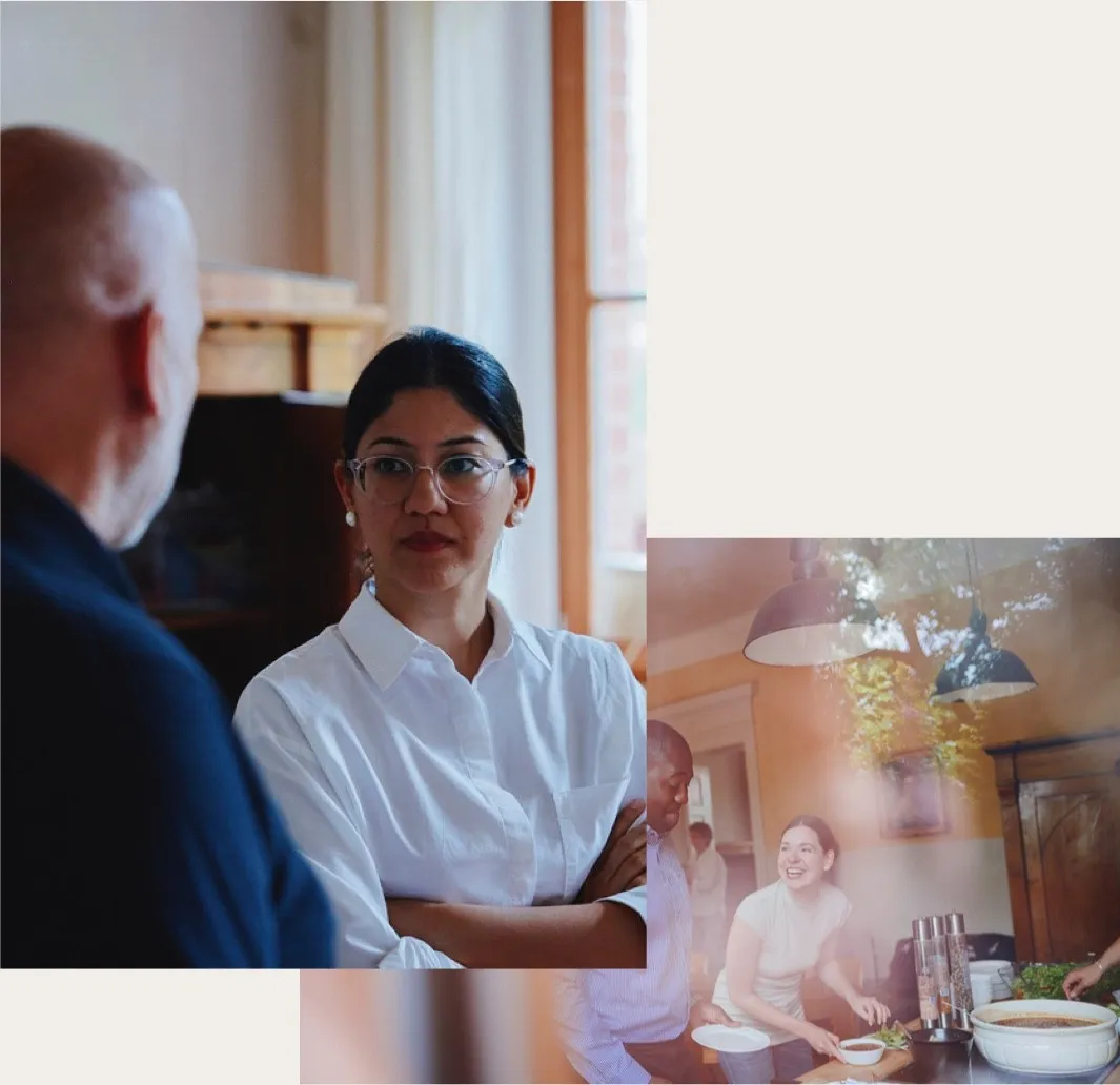 Collage of EIDU colleagues in conversation and laughing while serving food at a shared meal