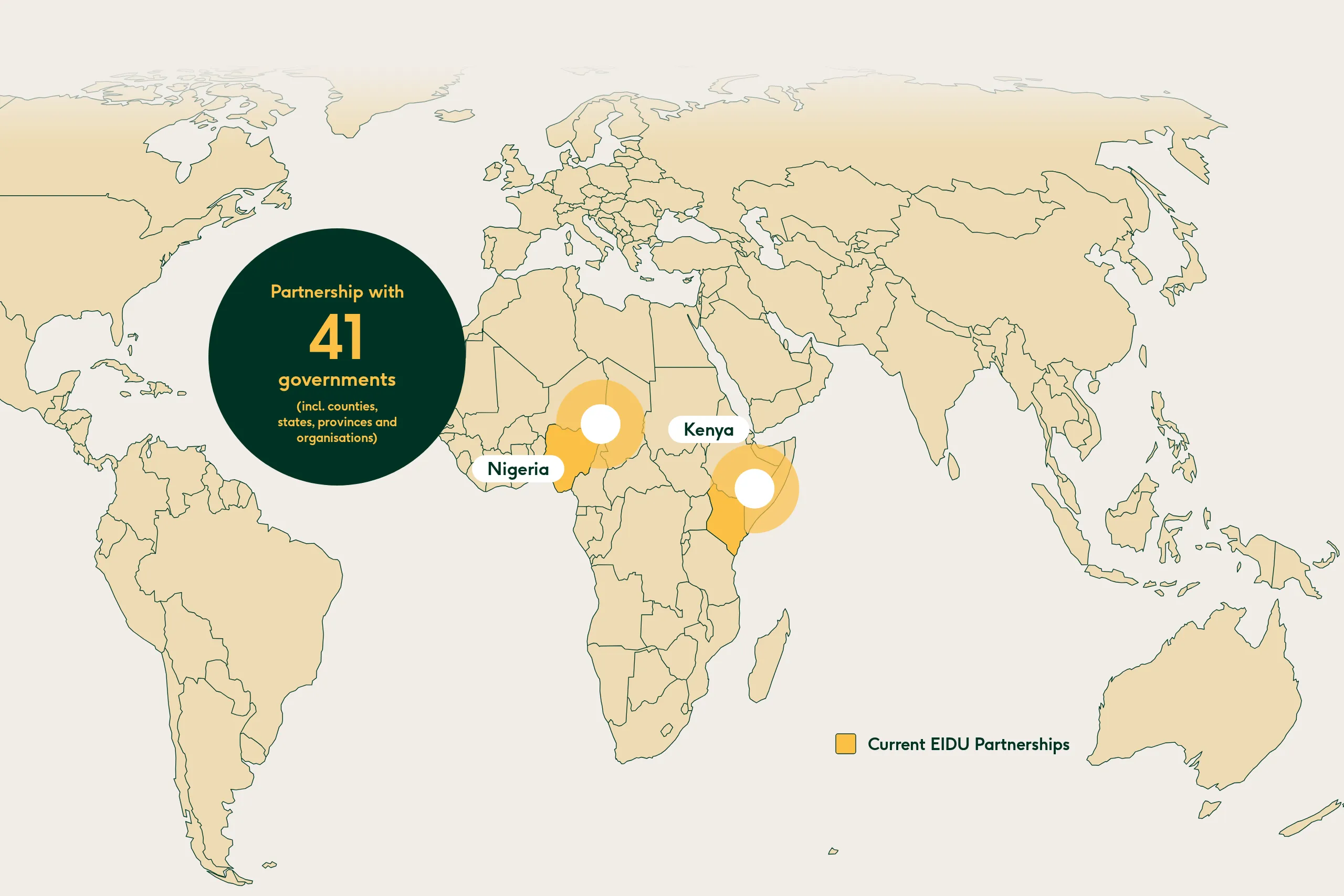 Map of EIDU's partnerships with 41 governments, including counties and states, in Nigeria and Kenya