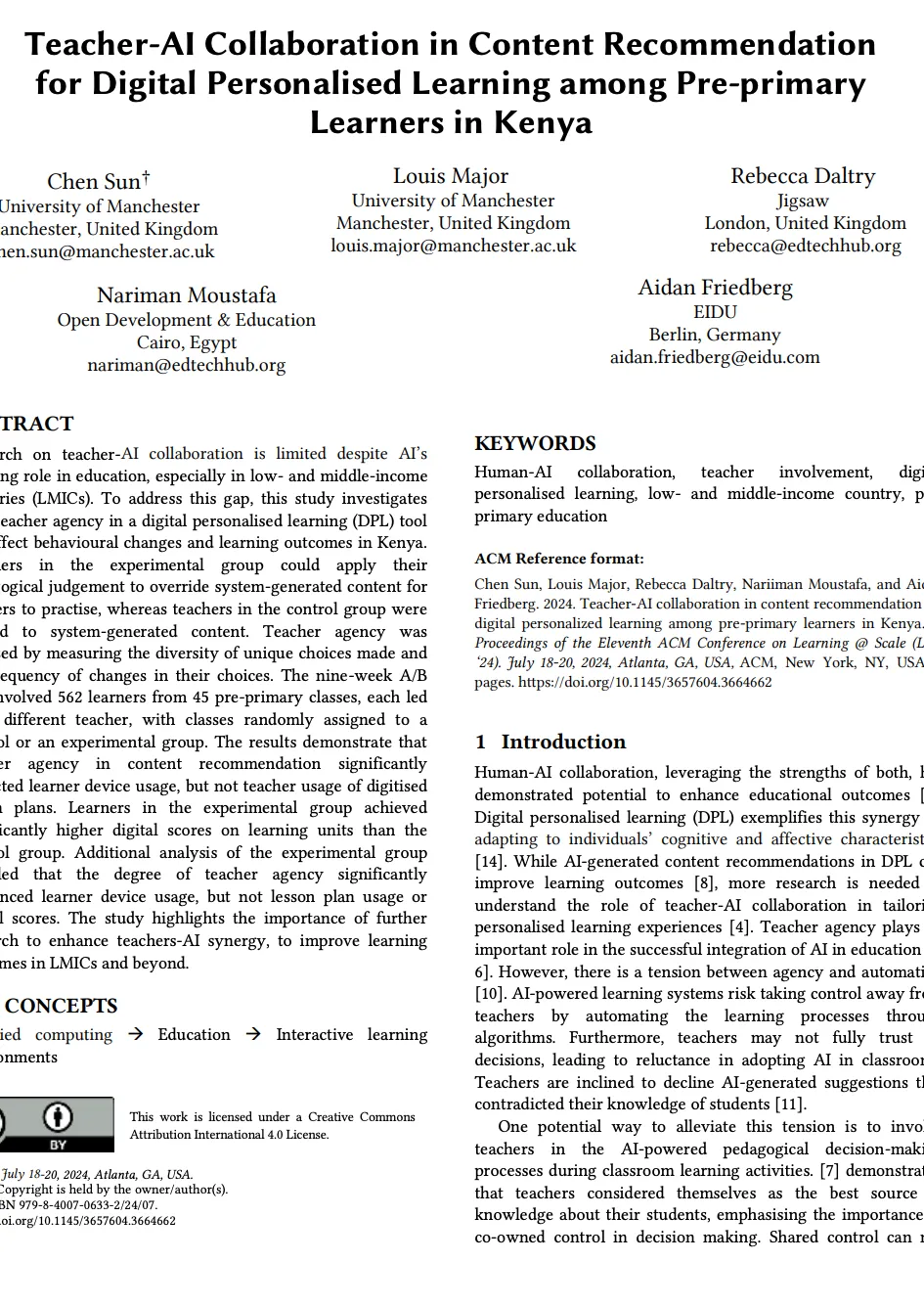 First page of the paper, by authors from the University of Manchester, Jigsaw, Open Development & Education and EIDU